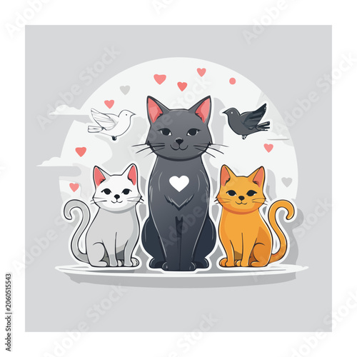 Cartoon illustration of three cats with birds and hearts