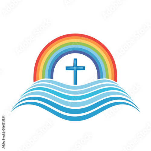 Christian cross with rainbow and waves graphic