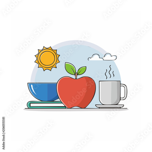 Flat design breakfast set with apple, coffee, and book