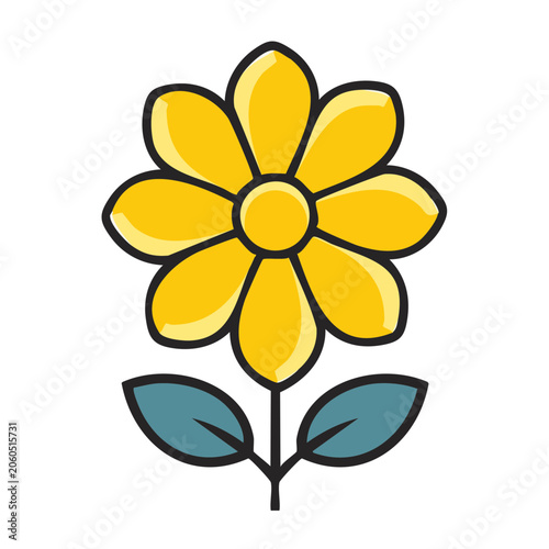 Yellow flower icon with teal leaves on transparent background