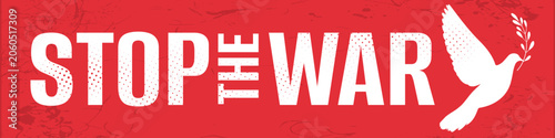 Stop the War Protest Banner with White Peace Dove and Olive Branch on Textured Red Background