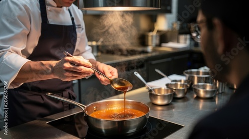 Chef carefully prepares a rich sauce in a professional kitchen