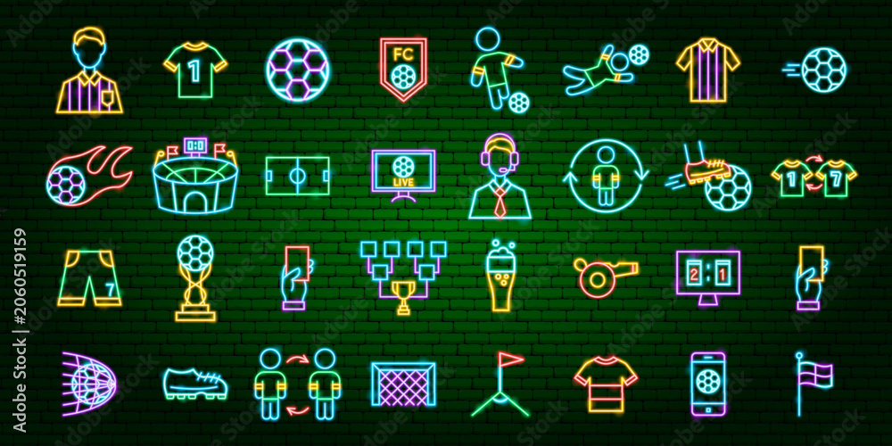 Naklejka premium Soccer Football Sports Neon Icons Set. Vector Illustration of Glowing Signs. Europeen Championship. World Competition. Ball Game Objects and Stadium.