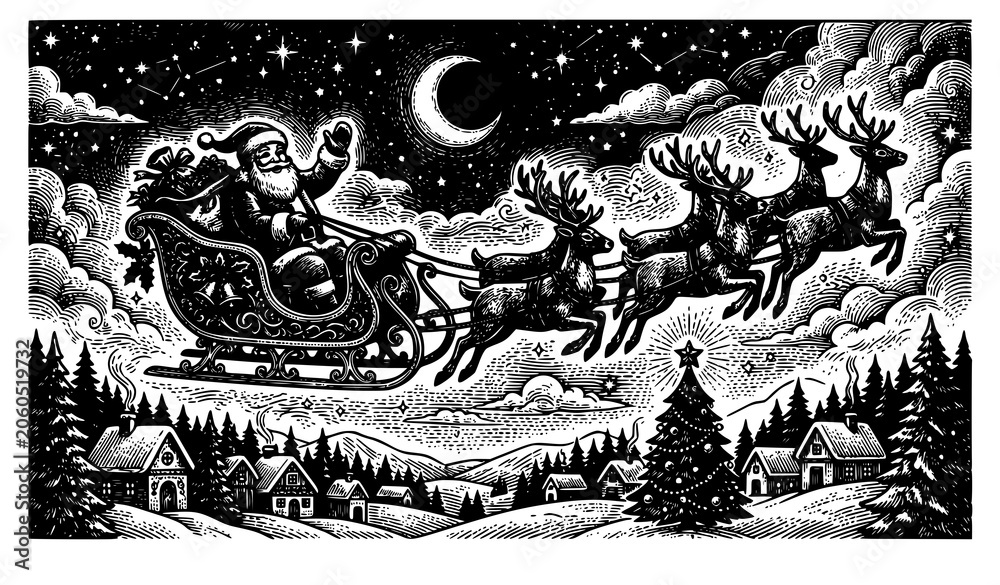 Obraz premium SEO Title: Santa Claus Sleigh with Reindeers Vintage Sketch Vector Illustration Christmas Night Sky Isolated on White
