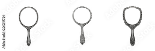 Foto Vintage silver hand mirrors and antique looking glass vanity set isolated on transparent background