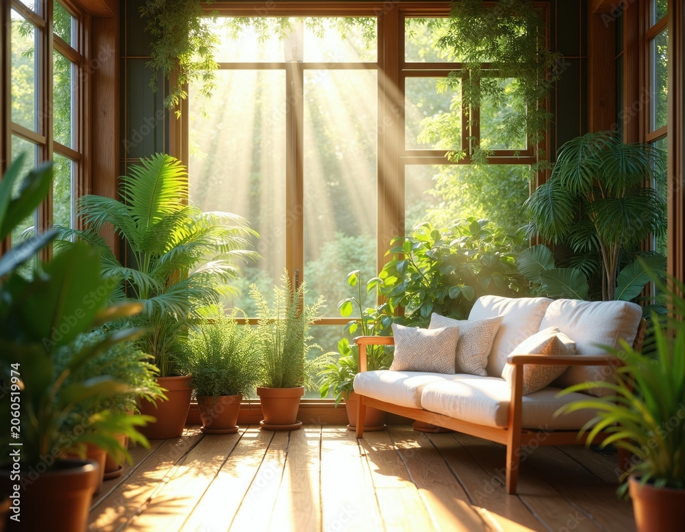 Fototapeta premium Sunlit room with sofa and many green plants. Natural light rays enter through large windows. Peaceful space for relaxation and nature connection indoors.