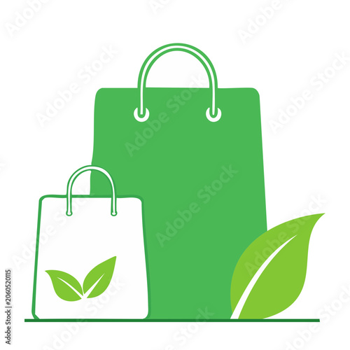 Green and white eco shopping bags with leaf icon
