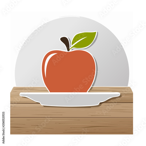 Red apple on a plate with green leaf illustration