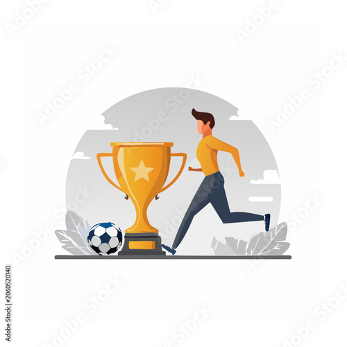 Soccer player running with golden trophy and ball