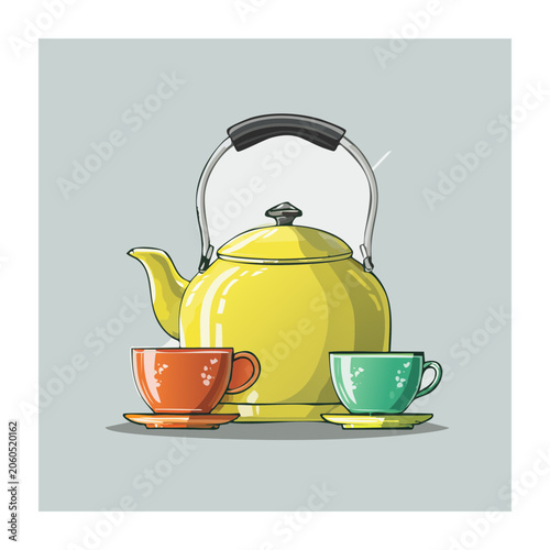 Yellow teapot with orange and teal cups illustration