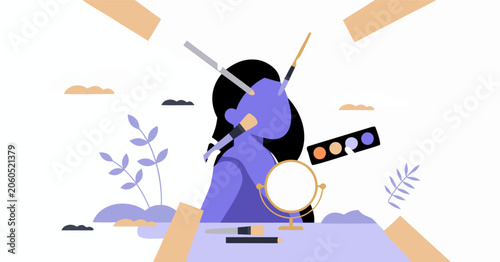 Multiple Hands Applying Makeup To Woman