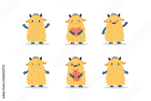 Set of cute yellow monster characters with different emotions and expressions. Cartoon monster in flat style. Vector illustration