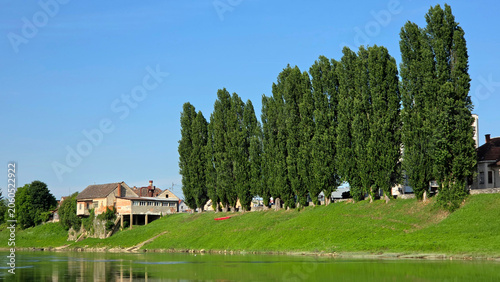 Schilderij op canvas Row of tall poplar trees on a green grassy riverbank next to old waterfront buil