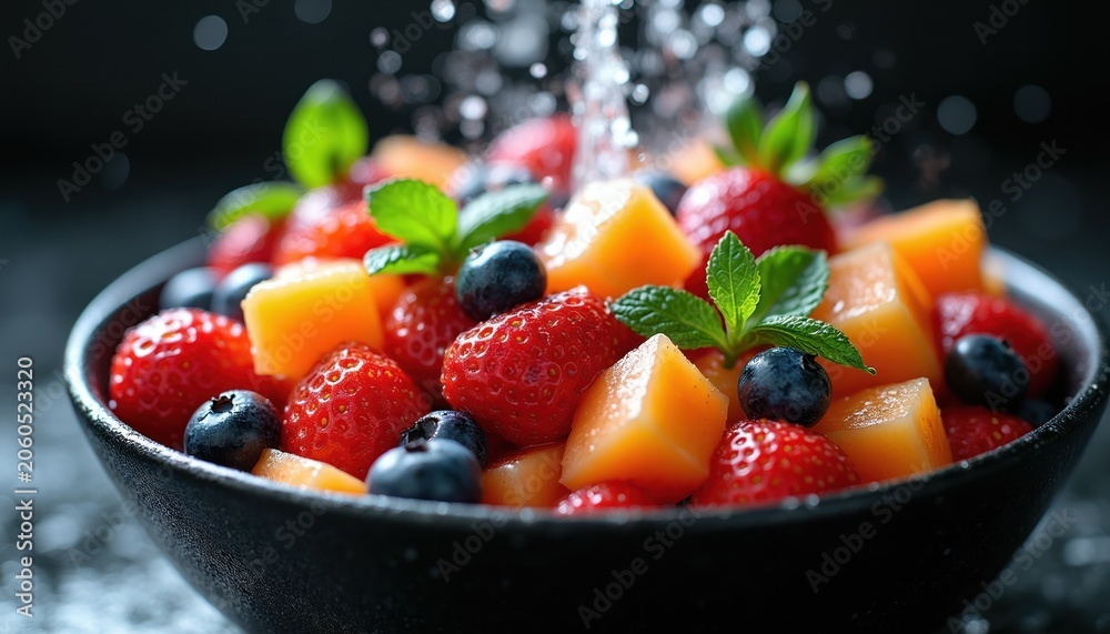 Naklejka premium Fresh fruit salad with strawberries blueberries and cantaloupe being washed. Water splashes over colorful healthy food in dark bowl. Diet, nutrition and refreshment.