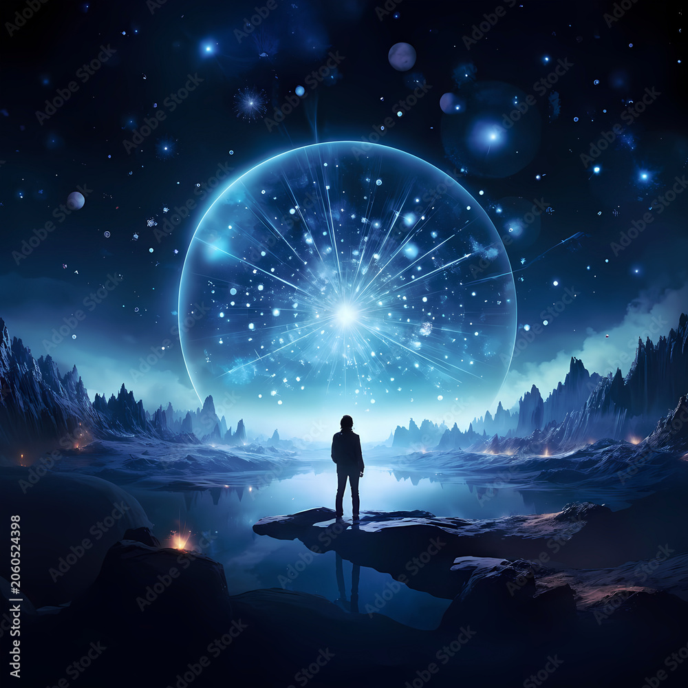Fototapeta premium Space fantasy landscape with silhouette of a man, glowing celestial sphere illustration wallpaper 