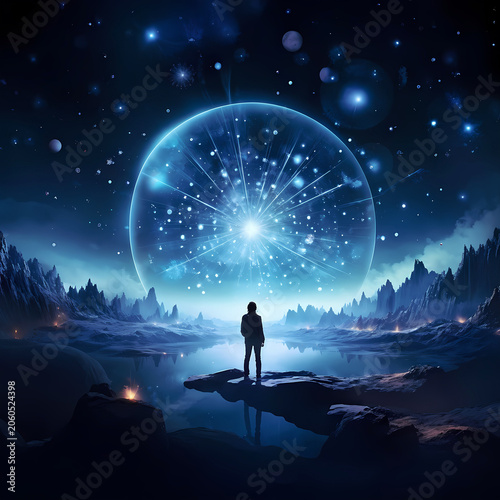 Space fantasy landscape with silhouette of a man, glowing celestial sphere illustration wallpaper 