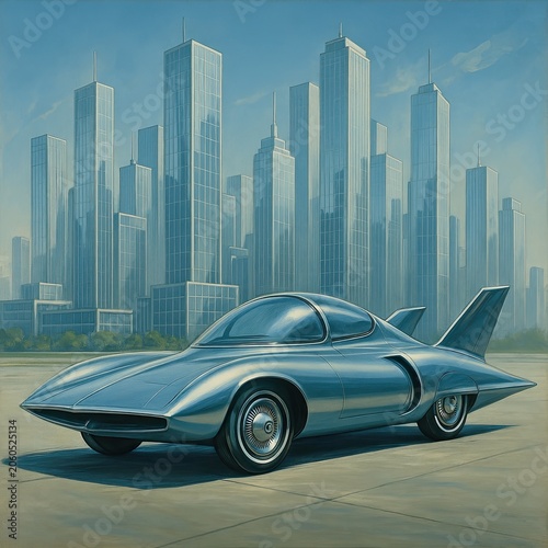 Painted illustration of a finned silver racer in a futuristic downtown