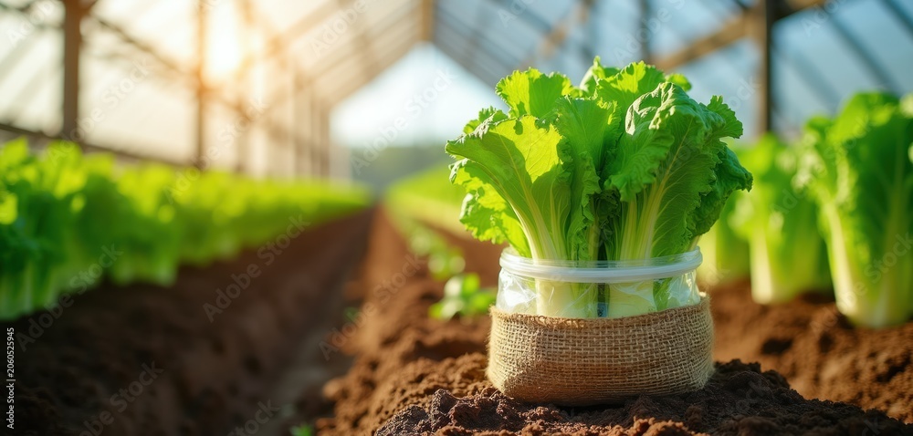 Fototapeta premium Rows of fresh green lettuce grow in sunlit greenhouse. Bunch of crisp leaves sits in clear plastic container wrapped with burlap. Healthy plants thrive in dark soil under natural light. Farming,