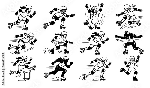 Retro Roller Derby Female Skaters in Action Poses Vintage Sports Vector Collection