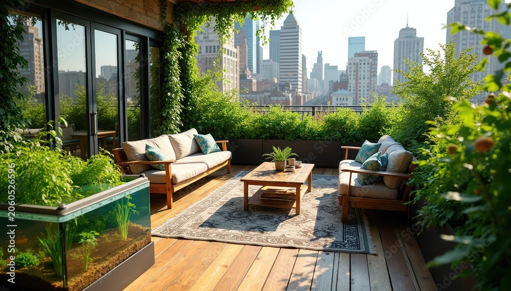 Fototapeta premium Rooftop terrace features modern furniture and lush green plants with aquaponics system. Urban city skyline view provides serene escape. Sustainable living space offers fresh produce.