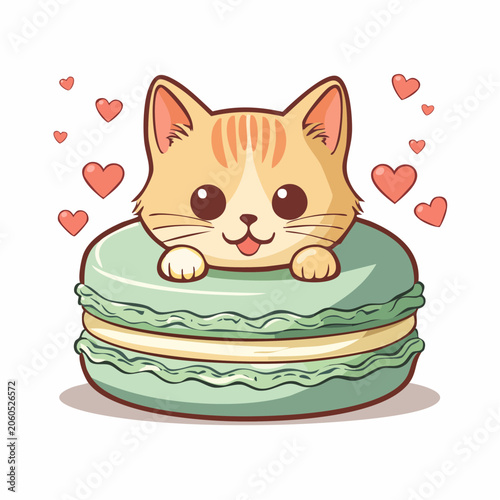 Cute Cat Peeking Out of a Macaron with Hearts