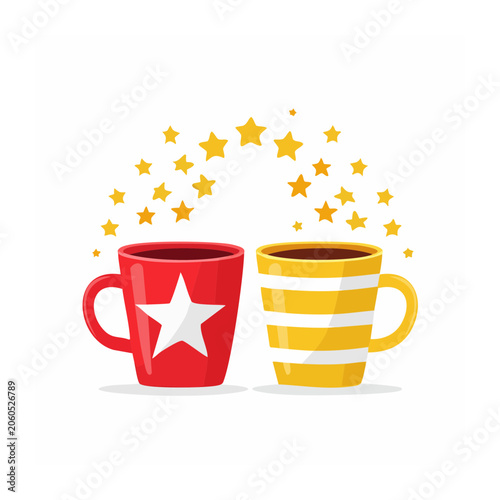 Two Colorful Coffee Mugs with Stars and Steam