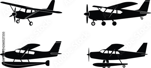 Collection of small propeller aircraft silhouettes featuring landplane and seaplane aviation vector illustration set