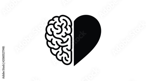 Minimalist black vector illustration showing a combined human brain and heart shape for conceptual design