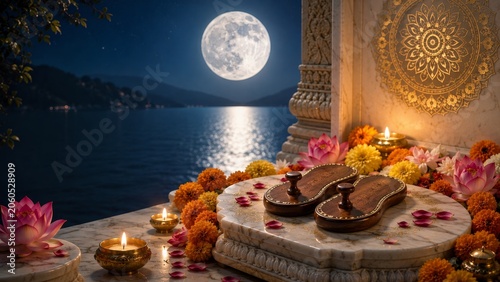 Guru Purnima festival altar with wooden paduka, glowing oil lamps, marigold and lotus flowers under a full moon night sky by the sacred river lake water, traditional hindu spiritual celebration.