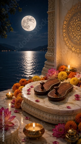 Guru Purnima festival altar with wooden paduka, glowing oil lamps, marigold and lotus flowers under a full moon night sky by the sacred river lake water, traditional hindu spiritual celebration.