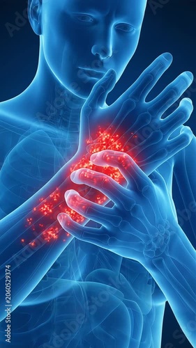 A CG video depicting itching and skin inflammation symptoms around the neck and décolleté.