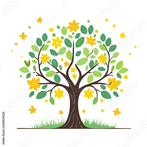 Stylized tree with green leaves and yellow flowers on white background