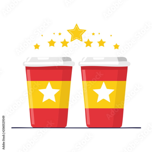 Two red and yellow popcorn buckets with stars