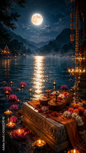 Guru Purnima festival altar with wooden paduka, glowing oil lamps, marigold and lotus flowers under a full moon night sky by the sacred river lake water, traditional hindu spiritual celebration.