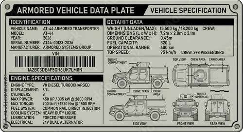 Military armored vehicle data plate with technical specifications and blueprints