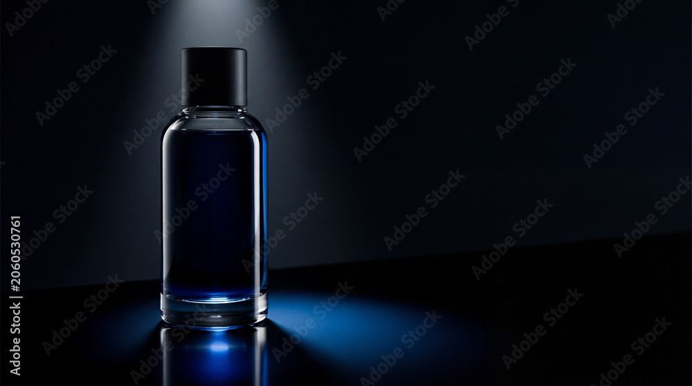 Naklejka premium A dark blue glass bottle with a black cap is illuminated by a spotlight against a black background. The bottle reflects light on a glossy surface.