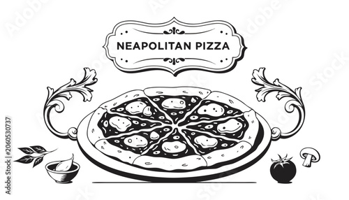 Photos Very beautiful black-and-white engraved vector illustration featuring NEAPOLITAN PIZZA with traditional thin crust, tomato sauce, mozzarella, and decorative label reading NEAPOLITAN PIZZA