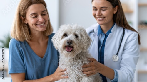 Woman and veterinarian smiling while examining fluffy white dog in a bright veterinary clinic with shelves and plants in the background