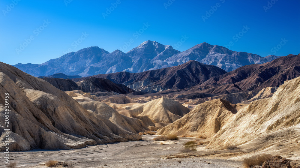 Obraz premium Eroded desert badlands and rugged mountain range, realistic arid landscape with pale sediment ridges, clear blue sky, sharp geological texture, hiking viewpoint, wilderness travel