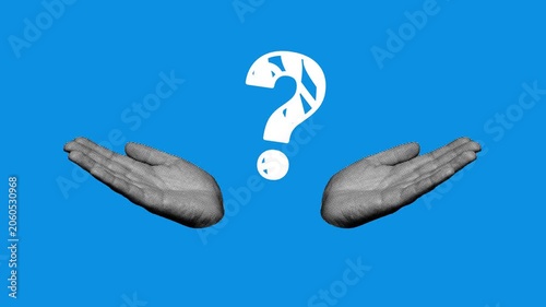 Two halftone hands with question mark swaying in confusion gesture on blue background. Retro pop art style, seamless loop for doubt and uncertainty concepts.