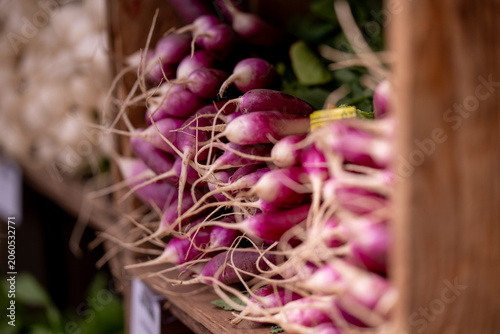 Foto Bunch of fresh radishes sits at a farmers market, pink roots and green tops still bound together
