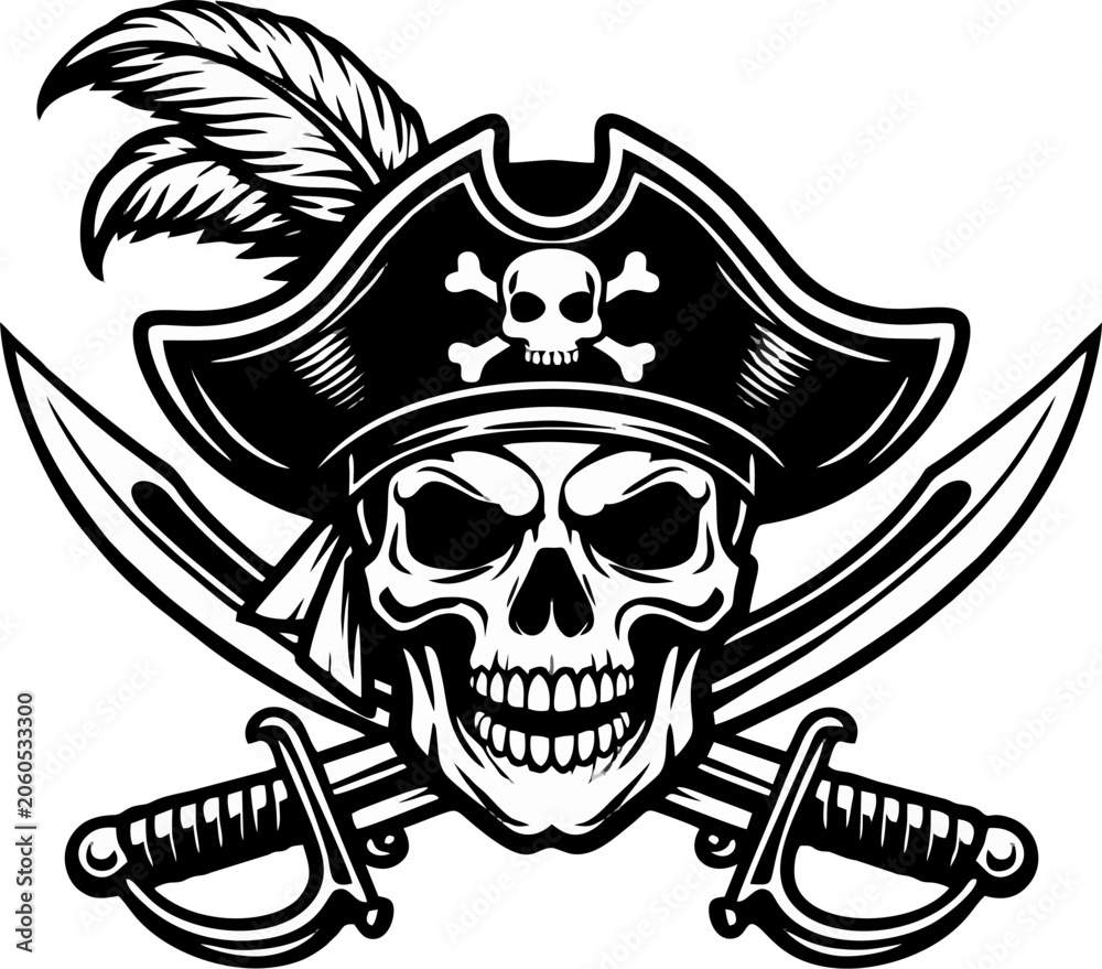 Fototapeta premium Black and White Pirate Skull with Captain Hat Feather and Crossed Swords Sabers – Jolly Roger Skull Crossbones Bold Vector Logo Illustration