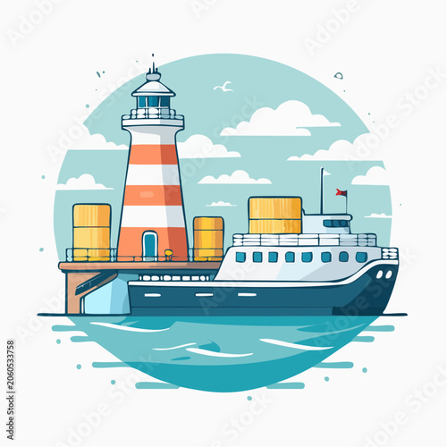 Flat design illustration of a lighthouse and a cargo ship at sea