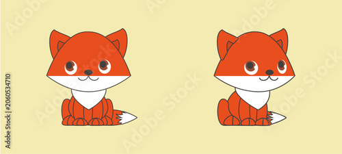 Cute Cartoon Foxes: Two adorable orange foxes with big eyes and bushy tails are depicted in a charming, simple illustration, set against a soft, pale yellow background.