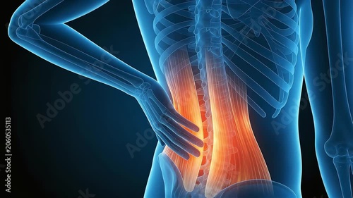 3D anatomical diagram illustrating pain in the lower back's inner muscles, the erector spinae muscles.