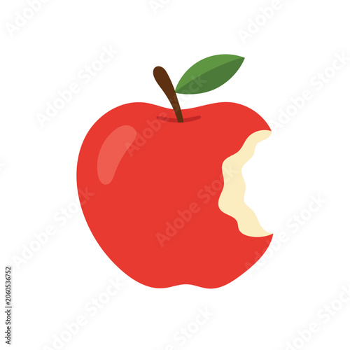 Fresh red apple with a bite taken out, isolated on a white background. Simple flat vector illustration symbolizing healthy eating, nutrition, freshness, and tasty fruit.
