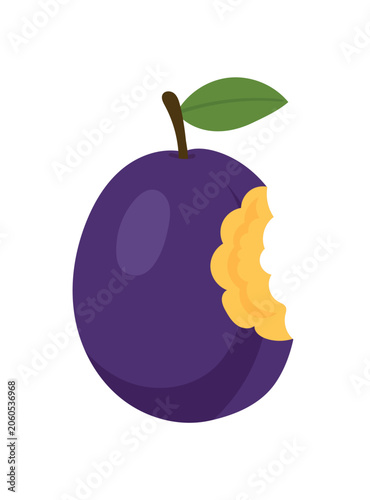 Tableau sur toile Flat vector illustration of a bitten purple plum with juicy yellow flesh, isolated on a white background
