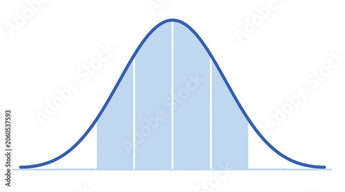 Minimalist blue bell curve vector illustration showing a symmetrical normal distribution for statistical data analysis