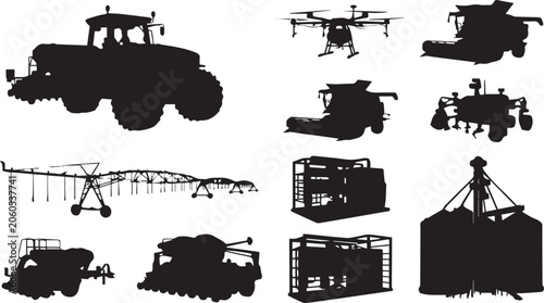 Bild auf Leinwand Black silhouette collection of modern agricultural machinery smart farming equip