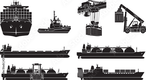 Foto Black silhouette collection of cargo ships container vessels logistics equipment
